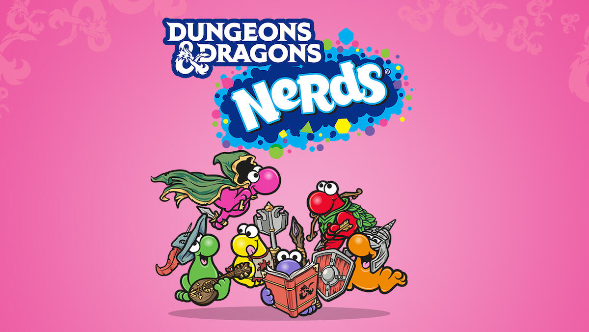 NERDS candies are dressed as various D&D classes against a pink backdrop.