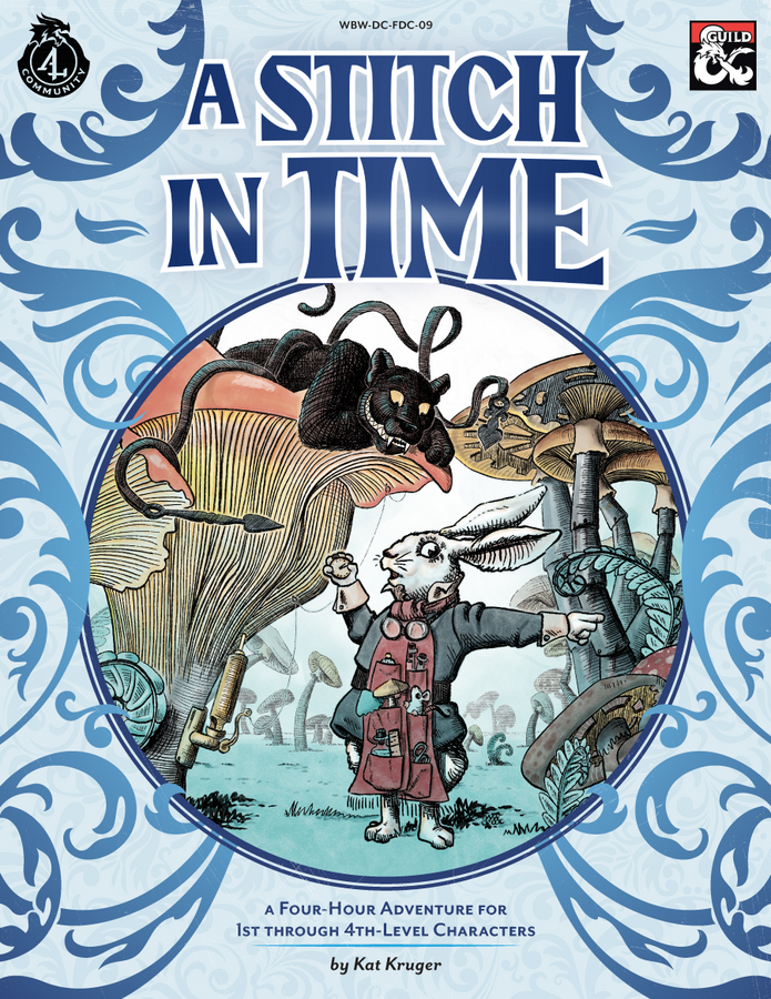 Within a blue frame is an artificer harengon done in the style of Tenniel's Alice in Wonderland illustrations. It holds up a watch while pointing in a mushroom forest. A displacer beast smiles down from the top of a mushroom like a Cheshire cat.