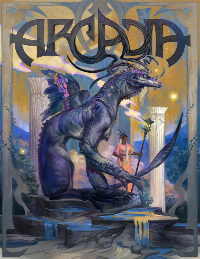 ARCADIA 26 The cover of the magazine feature the profile of a purple dragon as it is seated amongst white pillars. A dark-skinned humanoid stands next to it in a coral robe.