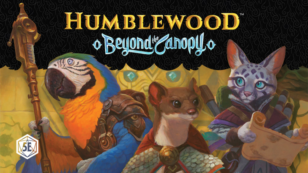 Humblewood: Beyond the Canopy. Three characters, a parrot, a mustelid and a feline and standing in a jungle ruins scene.