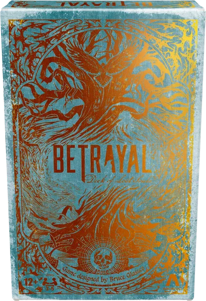 Betrayal Deck of Lost Souls A pale blue box with gold foil swirls around the words "Betrayal Deck of Lost Souls."