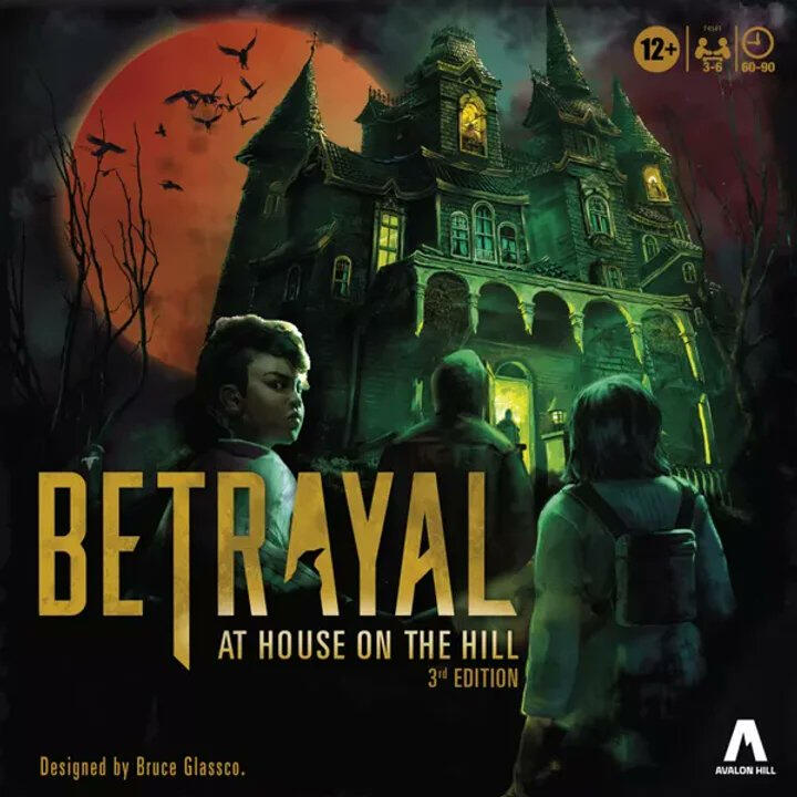 Betrayal at House on the Hill (3rd Edition) A group walks toward an eerie house that glows green, set against the backdrop of a full red moon. One character looks back over their shoulder.