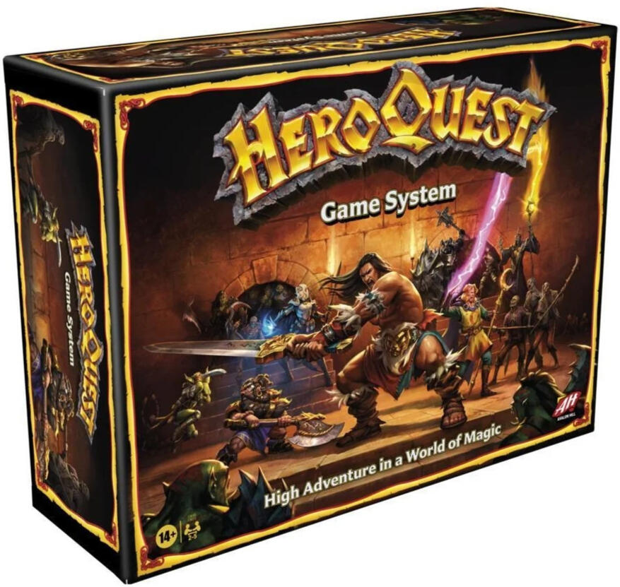 The HeroQuest game system box featuring a barbarian facing off against Zargon's minions.