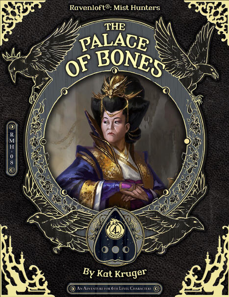 Within a black and gold frame featuring ravens and a planchette is the Dark Lord Tsien Chiang of I'Cath. Her black hair is piled high and held back with a gold dragon tiara.