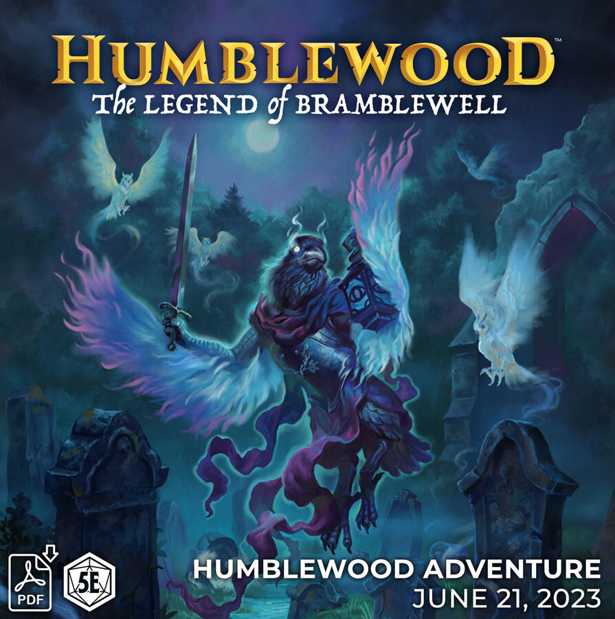 Humblewood: The Legend of Bramblewell The cover of the adventure features a ghostly corvus in a graveyard, holding up a sowrd and lantern as it gazes ahead.