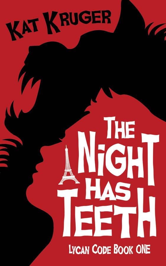 The Night Has Teeth Red book cover with the silhouette of a boy's face within a werewolf silhouette.